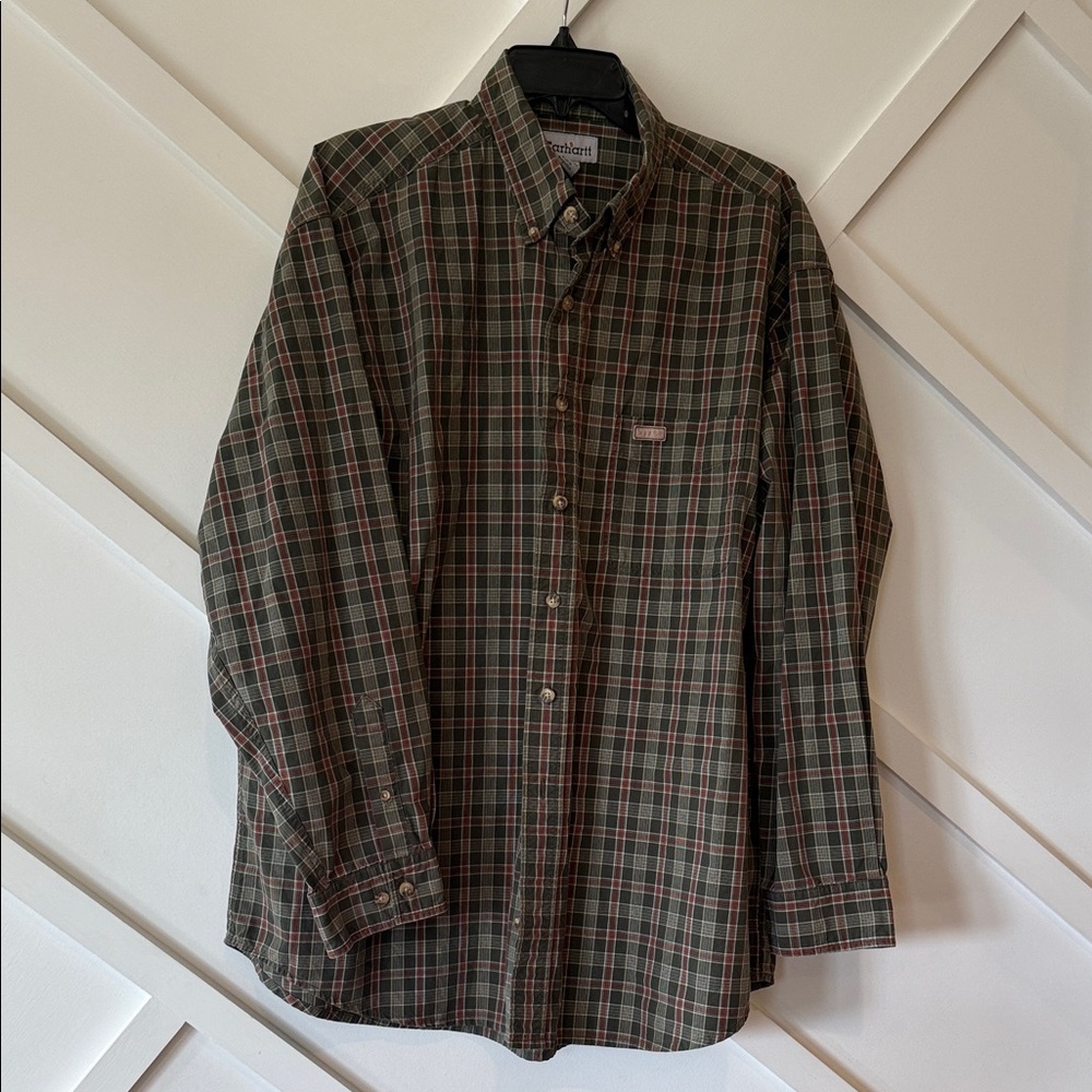 VINTAGE Carhartt Men's Green and Red Plaid Casual Shirt